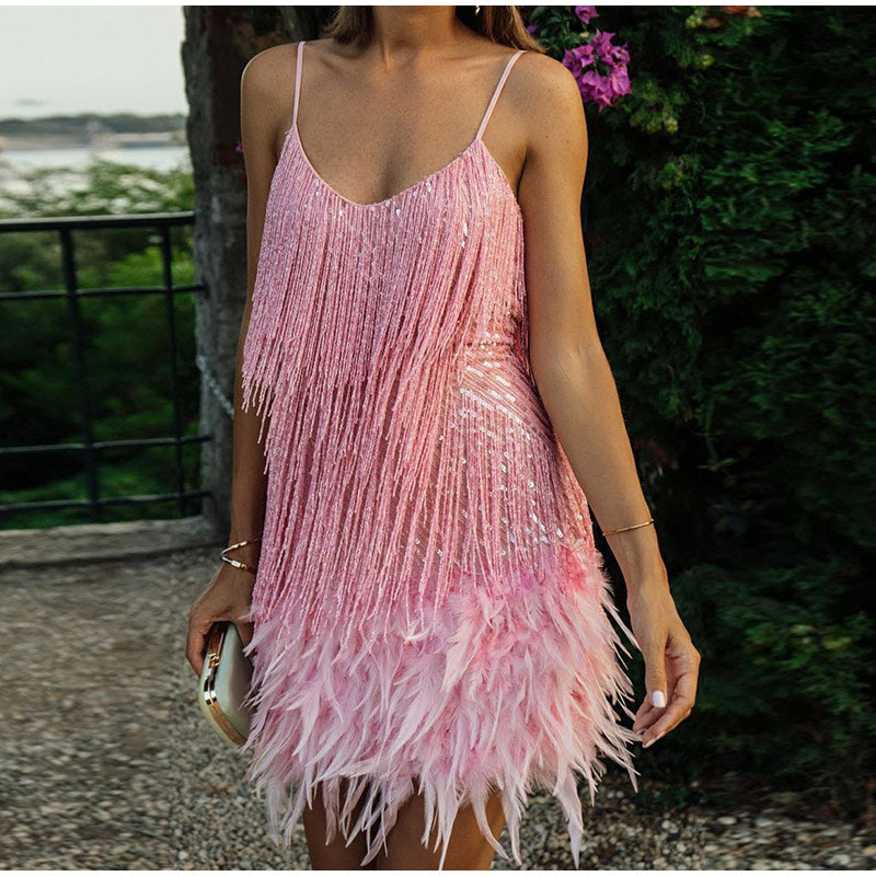Sequins Tassel Feather Spaghetti Strap Dress