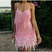 Sequins Tassel Feather Spaghetti Strap Dress