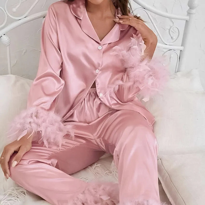 BKQU Pajamas Feathers Sleepwear Female 2 Piece Long Sleeve Turn Down Collar Tops Satin Casual Women Sets With Pants Autumn 2023