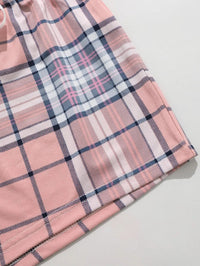 2 Pieces Women's Pajama Set Short Sleeve O Neck T-Shirt & Plaid Drawstring Pants Sleepwear Home Suit Cloth Hear Design Homewear