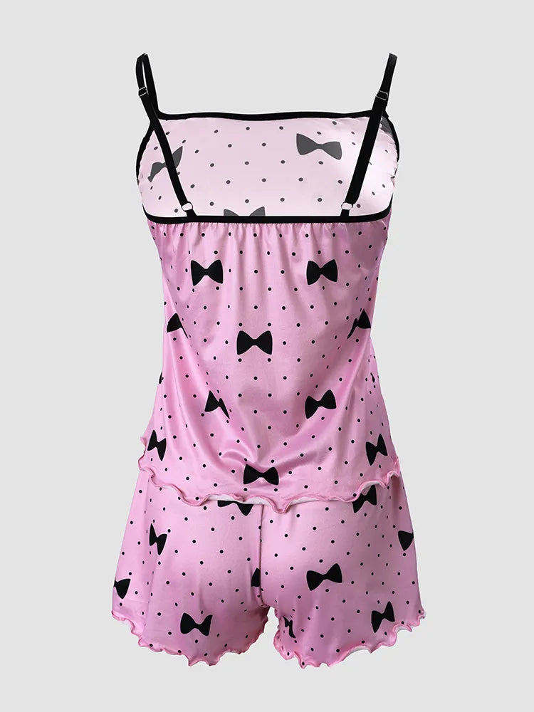 Sleepwear Woman Polka Dot Bowknot Print Cami Set