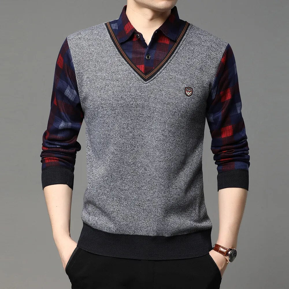 Autumn Winter Men's Long Sleeve Sweater Shirts Fake Two Pieces Pullovers Fleece Thick Shirt Knitted Casual Clothing 4XL
