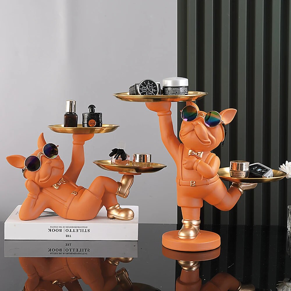 Lying Black French Bulldog Butler with Double Gold Metal Tray Dog Statues and Sculptures Room Decor Home Butler Statue Ornament