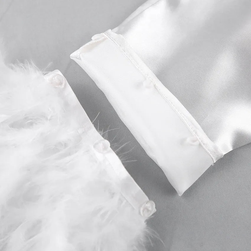 BKQU Pajamas Feathers Sleepwear Female 2 Piece Long Sleeve Turn Down Collar Tops Satin Casual Women Sets With Pants Autumn 2023