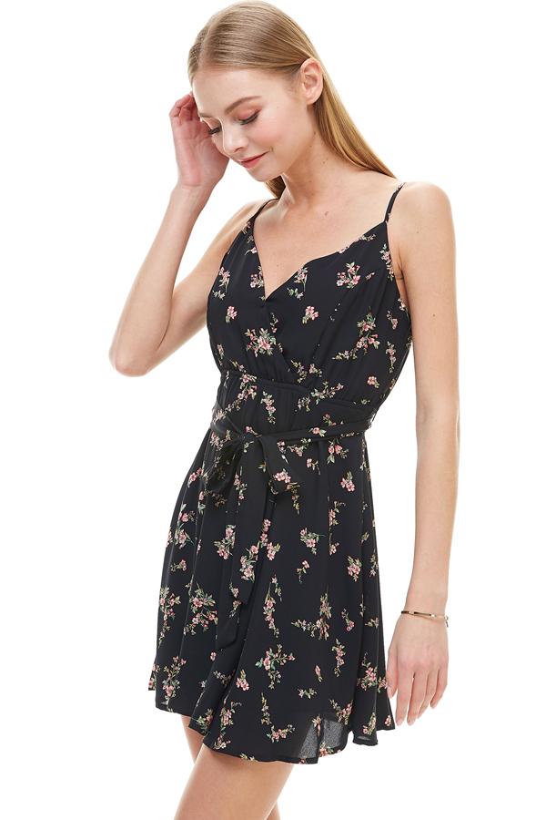 Mini short dress Floral Surplice Sash Skater Dress