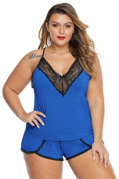 Plus Size Pajamas Cami Shorts Set Blue