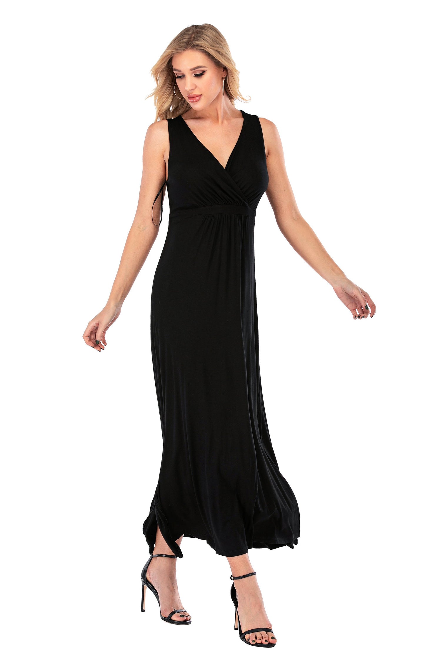 Calison Women's Sleeveless V-Neck Maxi Black Dress