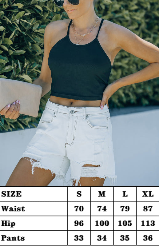 Frayed High Waist Button Zip Pocket Shredded Fringed Denim Shorts