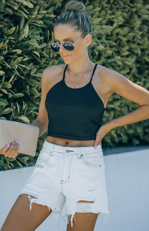 Frayed High Waist Button Zip Pocket Shredded Fringed Denim Shorts