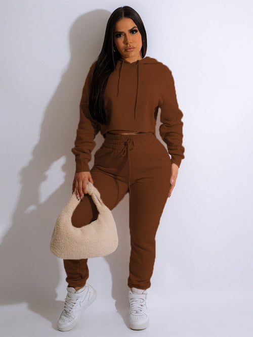 Women's solid color casual hooded sweatshirt suits