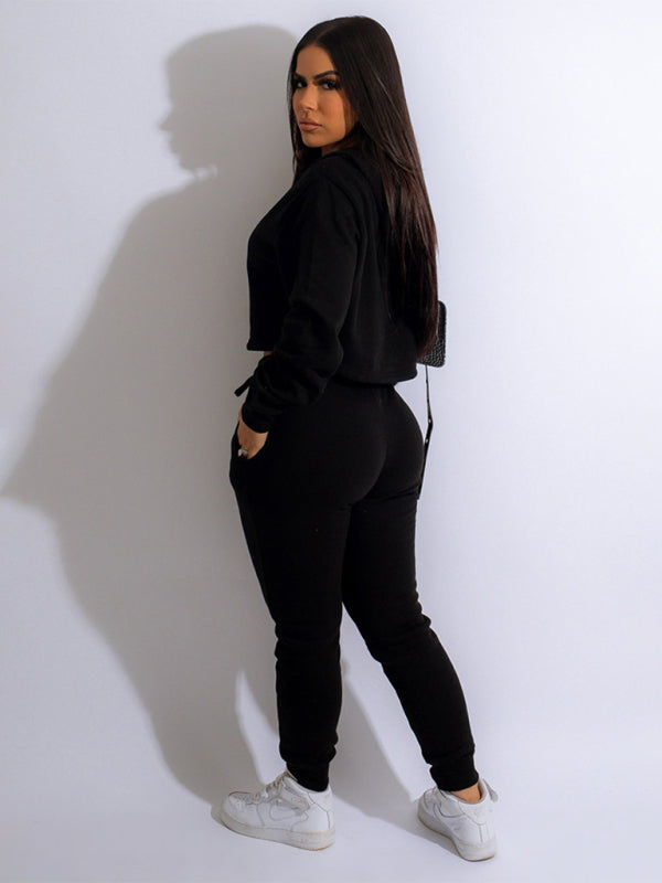 Women's solid color casual hooded sweatshirt suits